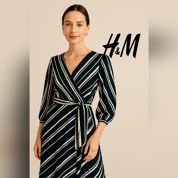 2/$30 H&M Black and White Striped Elegant Stretchy Wrap Tie Dress (#1,563) - Picture 1 of 8